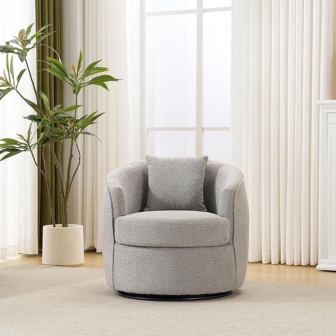 FaFaSoGoodFa Swivel Accent Chair, Modern Upholstered Boucle Barrel Arm Chairs with Pillow for Living Room, 360 Degree Round Swivel Sherpa Armchair with Round Base for Bedroom Club (1, Grey)