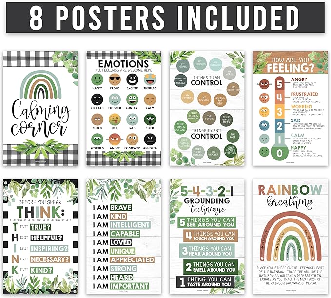 Hadley Designs 8 Calming Corner Posters For Classroom Must Haves For Teachers - 11x17 Calm Down Corner Supplies, Feelings Chart For Kids Ages 4-8, Toddler Emotions Chart, Farmhouse Classroom Decor