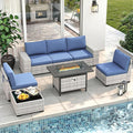 7 Piece Outdoor Wicker Rattan Sectional Sofa Set with Fire Pit Table, 5-Seats Conversation Set with 4" Thickened Cushions & Coffee Table, All-Weather PE Rattan for Garden, Backyard, Porch, Bule