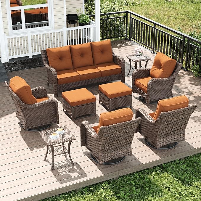 LayinSun 9 Piece Wicker Outdoor Furniture Set with 6-inch Comfy Cushions, High Back Patio Furniture Set with Swivel Rocking Chairs and Side Table