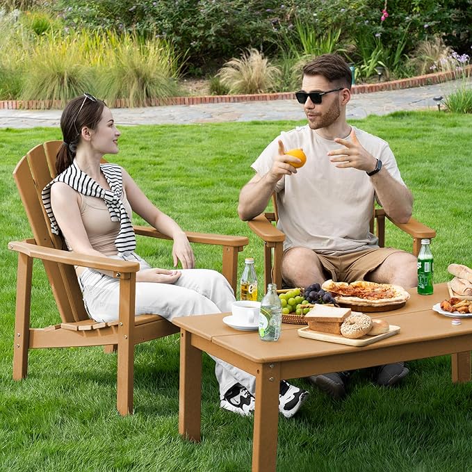 nevilywood Compact Stackable Adirondack Chairs Set of 4, 26.3" Wide HDPE Outdoor Patio Chairs - Durable, Space-Saving Design for Porch, Lawn or Garden, Teak