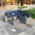 PCSXDSW 6 Pieces Patio Conversation Set, Rattan Furniture Set with Wide Armrests and Coffee Table, Outdoor Modular Sectional Couch Wicker Sofa for Garden Backyard Balcony Porch Deck (Blue Cushions)