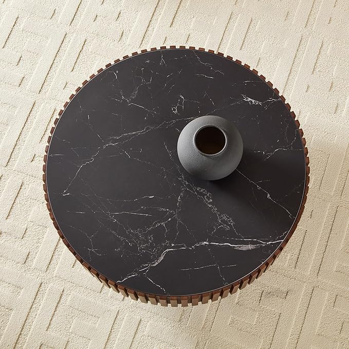35.43''/90CM Modern Drum Coffee Table, Luxury Circle Wood Coffee Table for Apartment,Small Space (Walnut, Ø35.43 x 13.77 Sintered Stone Tabletop)