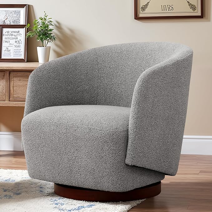 Boucle Swivel Accent Chair, No Assembly Upholstered Armchair with Rubberwood Base, 360° Rotating Barrel Chair for Living Room, Bedroom, Apartment & Reading Nook (1, Light Grey)