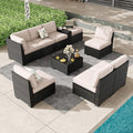 SunloungeCo 9 Pieces Outdoor Patio Furniture Set, Wicker Conversation Sets with Tea Table, Rattan Patio Sofa with Thick Cushions for Garden, Backyard Porch, Poolside,Beige