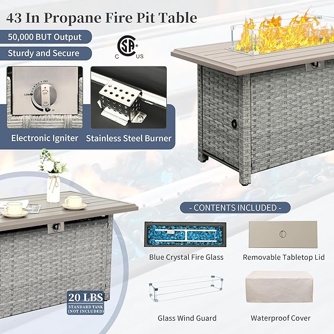 WAROOM Patio Furniture Set 6 Piece Grey Wicker Outdoor Sectional Sofa Balcony Furniture Couch PE Rattan Conversation Sets with Fire Pit Table, Blue Cushion