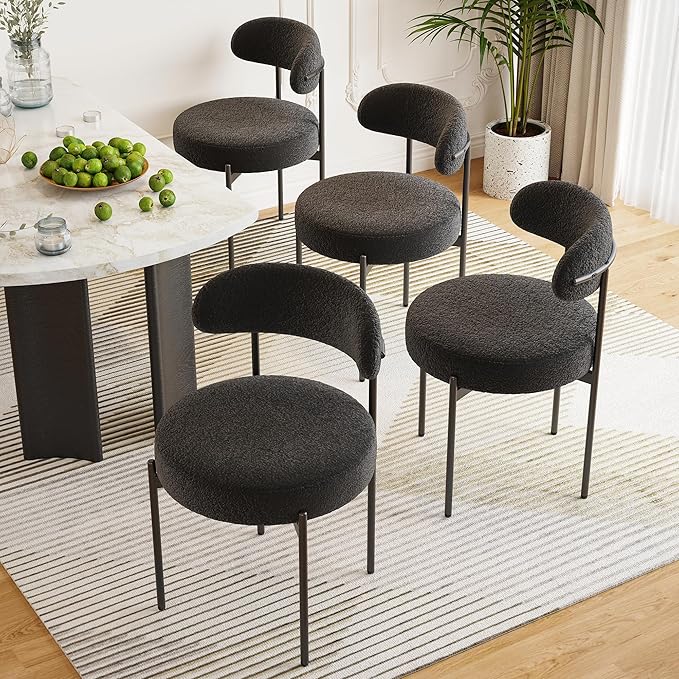 Farini Dining Chairs Set of 4,Mid-Century Modern Kitchen Chair Curved Backrest Round Upholstered Sherpa Dining Chairs with Metal Legs,Black
