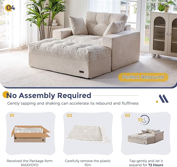 MAXYOYO Oversized Chaise Lounge Sofa, Upholstered Lounge Chair with 3 Pillows, Tufted Boneless Sofa Couch with Ottoman, Deep Seat Sleeper Chair for Living Room, Bedroom, No Assembly, Beige
