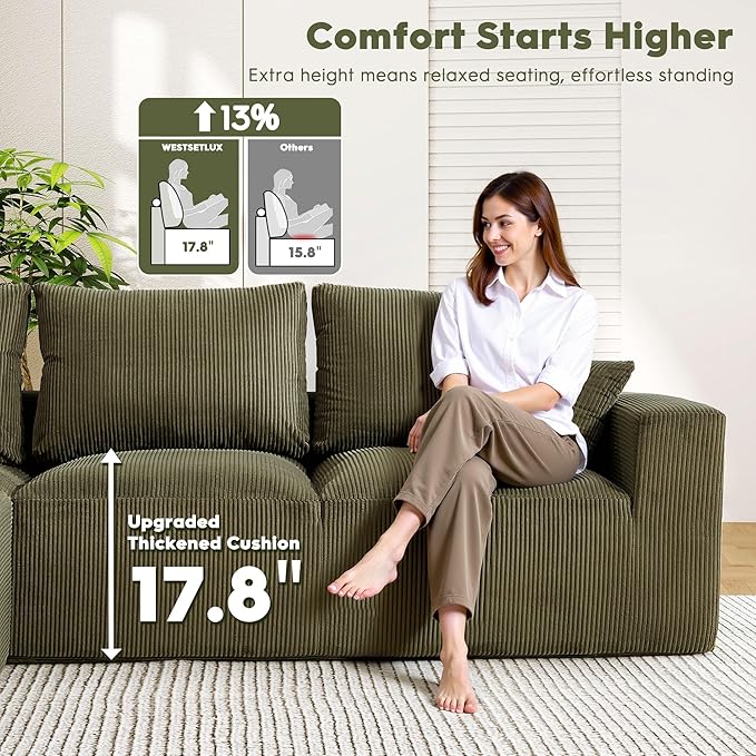 108” U-Shaped Sectional Sofa Couch with High-Seat, Corduroy Modular Cloud Sofa with Chaise ‌and Ottoman, Modern Couches for Living Room, No Assembly Require, Green