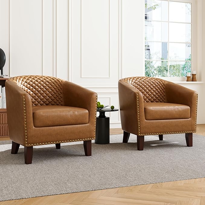 DREAMSIDEA Accent Barrel Chair, Upholstered Faux Leather Club Chair with Nailed Trim, Comfy Reading Armchair for Living Room Bedroom Reception Room Office (Coffee, Set of 1)
