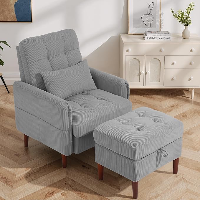 Lumibee Accent Chair with Storage Ottoman, Upholstered Comfy Reading Chair with Adjustable Reclining Backrest, Corduroy Fabric Lounge Chair Armchair for Living Room Bedroom, Gray