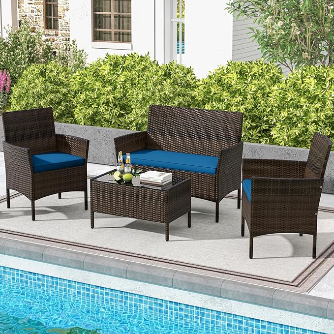 HAPPYGRILL 4 Pieces Outdoor Rattan Conversation Set, Patio Wicker Furniture Set with Loveseat Chairs & Tempered Glass Coffee Table, Outside Sectional Sofa Set for Backyard Garden Poolside, Blue