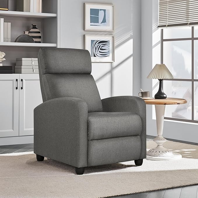 Yaheetech Fabric Recliner Chair Sofa Ergonomic Adjustable Single Sofa with Thicker Seat Cushion Modern Home Theater Seating for Living Room Matte Grey