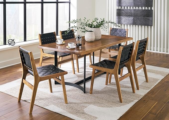 Signature Design by Ashley Fortmaine Modern Upholstered Armless Dining Chair with Open Back and Woven Leather Straps, Set of 2, Light Brown & Black
