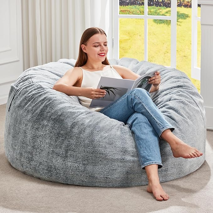 Hobestluk Bean Bag Chairs Giant Beanbag Chair with Filler, Memory Foam Bean Bags with Fluffy & Machine Washable Cover, Bean Bag Chairs for Aduts for Living Room, Bedroom (Grey, 3FT - 36” x 36” x 22”)