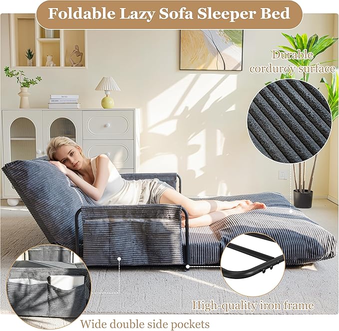 YOSHOOT Lazy Floor Sofa Convertible Bean Bag Sofa Bed Couch, 5-Position Foldable Sleeper Chair with Armrest, Ideal for Reading & Gaming