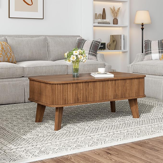 LCVTND Fluted Lift Top Coffee Table with Storage, Modern Wood Coffee Table Retro Center Table with Hidden Lifting Table Top Compartment for Living Room, Home, Office, Walnut