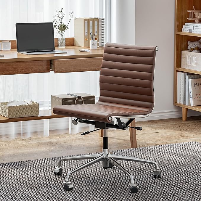 OTDMEL Armless Ribbed Office Desk Chair with Top Grain Leather, Mid Back Ergonomic Swivel Room Chair, Adjustable Height 5-Star Base, Brown