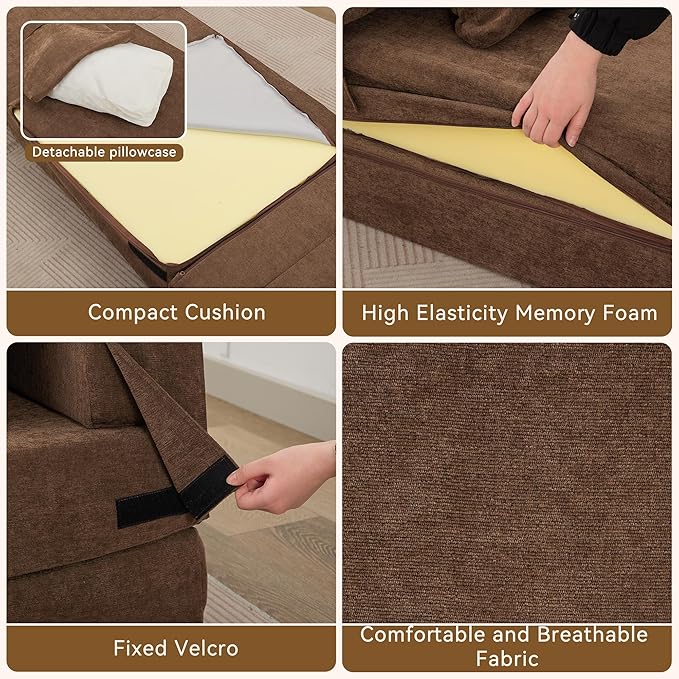 WUTUTUEE Folding Sofa Bed Floor Couch with Pillow, Foldable Chair Bed Convertible Linen Sleeper Chair Futon,Foldable Memory Foam Mattress for Bedroom/Living Room/Dorm/Office (Brown, Queen)