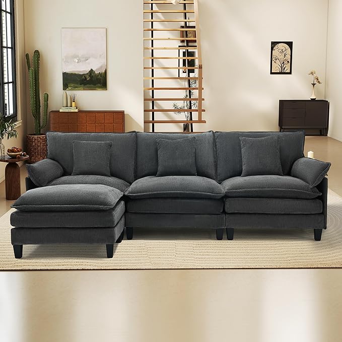Comfy Cloud Couch with Movable Ottoman, Modular Sectional Sofa, 106" L Shaped Modern Sofa with Pillows, Deep Seat Couches for Living Room, Bedroom and Apartment, Grey
