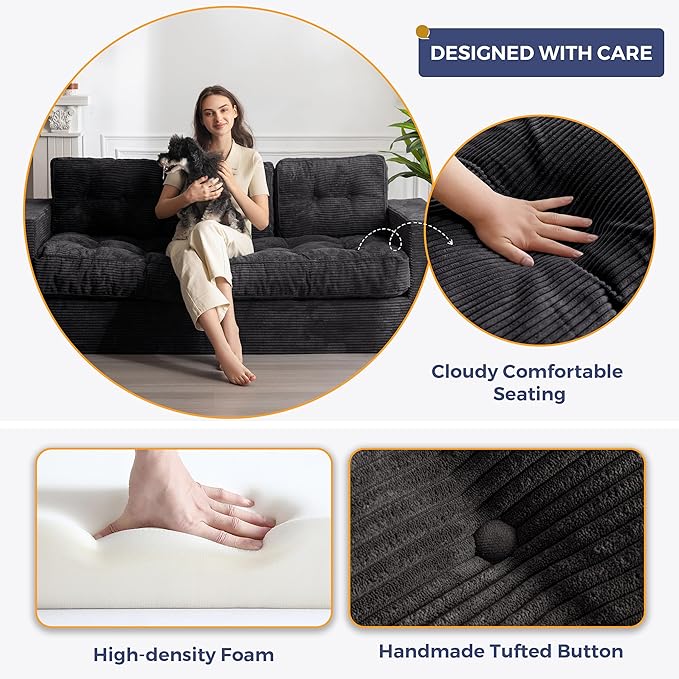 MAXYOYO 3 Seater Couch for Living Room, Boneless Couch with Tufted Cushion & Backrest, Upholstered Floor Sofa for Adults, No Assembly Required, Black