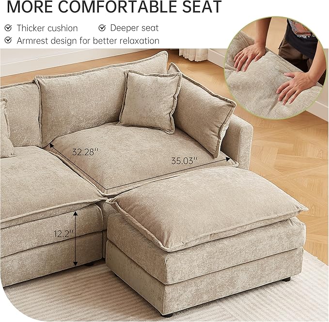 saows Modular Sectional Sofa, 147.2 Inch U Shaped Couch Set with Armrests, 4-Seater Comfy Cloud Couches with Movable Ottoman for Living Room Apartment, Coffee