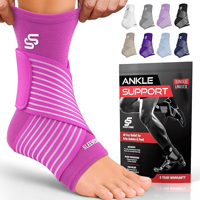 Sleeve Stars Ankle Brace for Women & Men, Ankle Wrap for Sprain, Compression Sleeve for Plantar Fasciitis Relief, Easy Customizable Support: w/ Removable Strap (Single/M:10"-12"/Hot Pink)