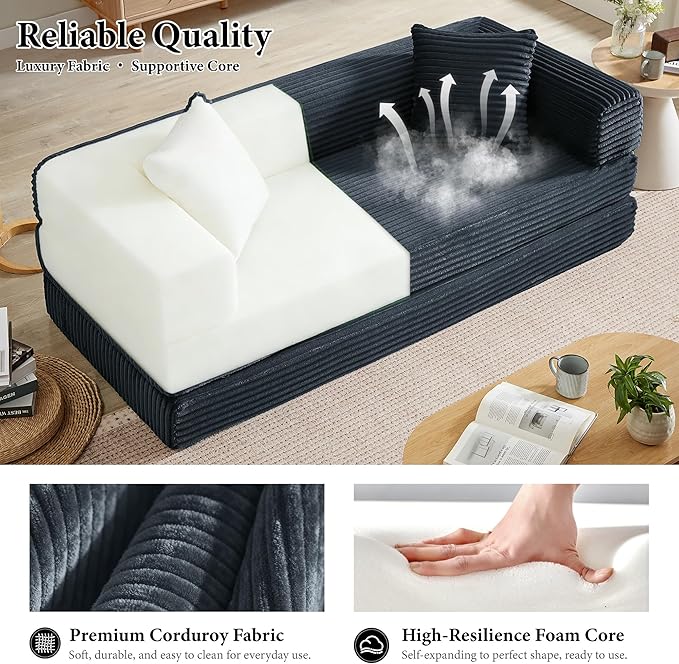 Chorlenimi Boneless Couch Futon Sofa Bed Sectional Couches for Living Room,Cloud Couch with Sleeper Sofa,Sofas for Living Room Oversized Corduroy Upholstered (Gray, 76 Inches (No Iron Frame))