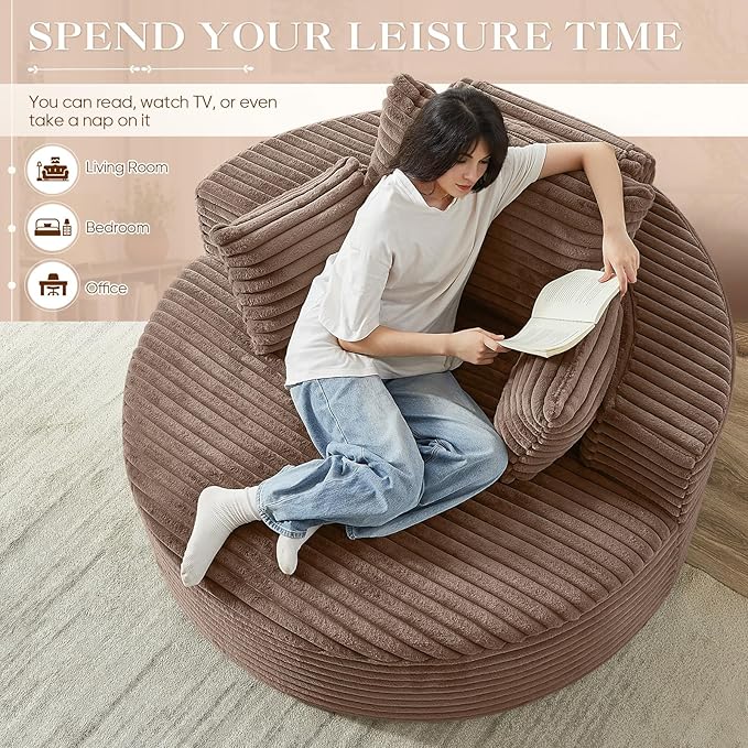 Oversized Round Chaise Longue Chair Indoor, Modern 55-inch Upholstered Corduroy Deep Seat Circle Single Cloud Lounge Floor Sofa Chair for Living Room, Bedroom Apartment, Brown