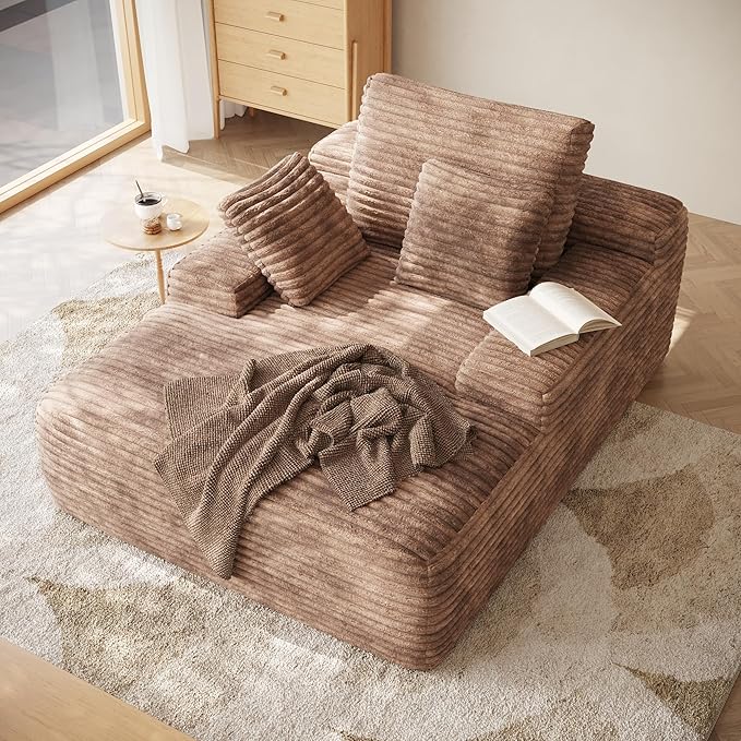 WJShome Oversized Chaise Lounge Chair Indoor, Plush Corduroy Boneless Sofa Bed, Cloud Reading Chair with Throw Pillow for Living Room (Brown)