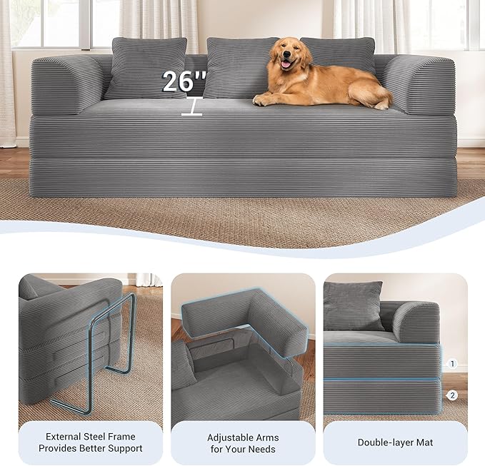 Cloud Boneless Convertible Sleeper Sofa Bed for Living Room 89" 4-in-1 Foldable Compressed Lounge 3 Seater Floor Couches High-Density Sponge & Corduroy Fabric Multi-Form Pull Out Futon Daybed(Gray)
