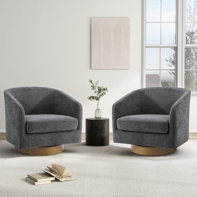 Swivel Barrel Chair, Modern Round PU Leather Accent Armchair for Living Room, Bedroom, Oversized Comfy Club Reading Chairs for Adults (Chenille Grey, Set of 2)