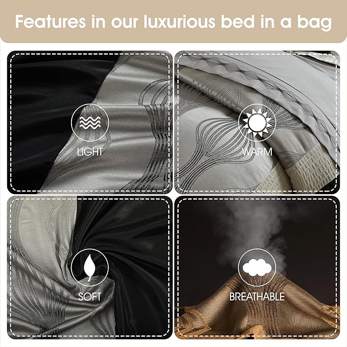 Grand Avenue Elegant Black and Silver Comforter Set California King Size, Striped, 7 Pieces Bedding & Collection, Jacquard All Season Comforter & Pillows, Ultra-Soft Microfiber