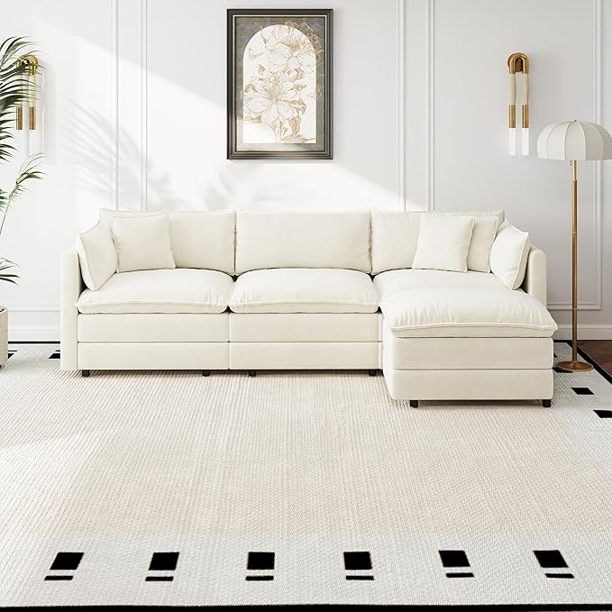 Aoowow Modular Sectional Sofa Modern Convertible L Shaped Couch,112.2 Inch Deep 3-Seater Sofas Set Comfy Chenille Cloud Sofas and Couches with Movable Ottoman for Living Room Apartment（Beige）