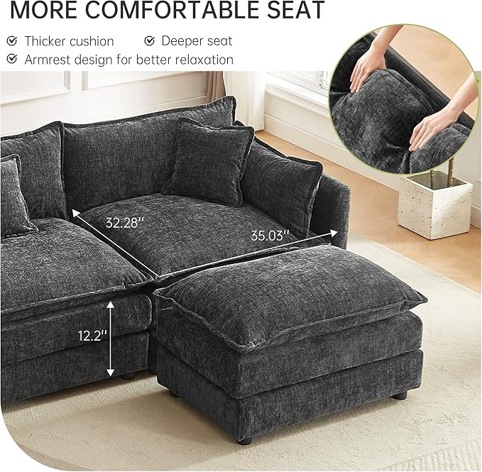 saows Modular Sectional Sofa, 112.2 Inch U Shaped Couch Set with Armrests, 3-Seater Comfy Cloud Couches with Movable Ottoman for Living Room Apartment, Grey