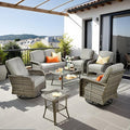 7-Piece Wicker Patio Furniture Set, All-Weather Rattan Conversation Bistro Loveseat Chair and Patio Rockers Set for Backyard, Balcony and Deck with Soft Cushions and Metal Table(Dark Gray)