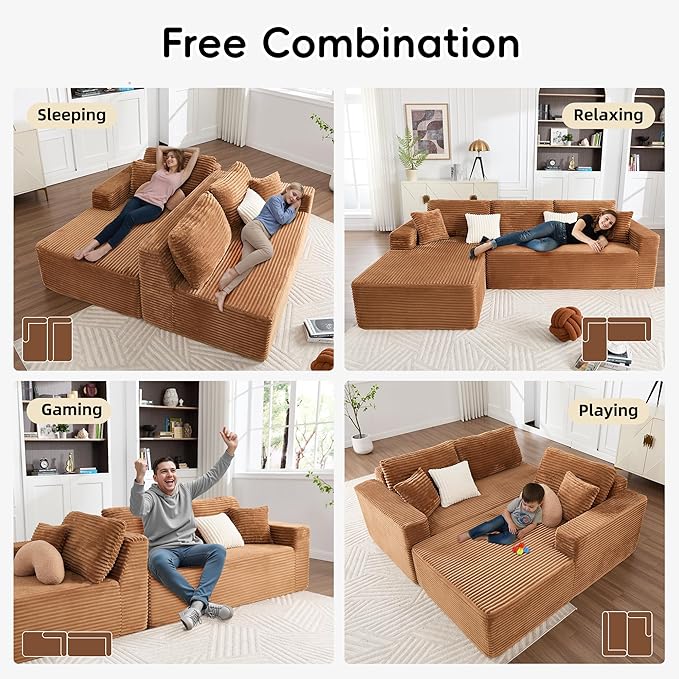Opiesit 108" Boneless Couches for Living Room, Modular Sectional Sofa with Oversized Chaise, L-Shape Cloud Couch with Deep Seat, High-Density Memory Foam, No Assembly Required, Plush Corduroy Brown