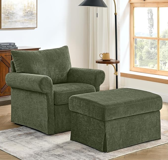 35.82" Accent Chair with Ottoman Set,Upholstered Living Room Chairs for Reading Chair with Chaise Lounge Chairs Indoor, Comfortable Armchair for Bedroom (Green, 35.82")