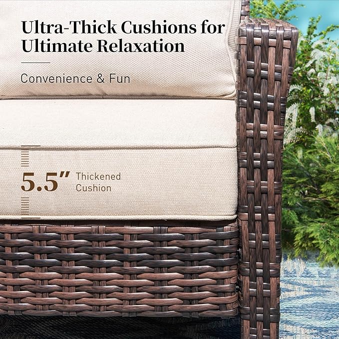 SUNSHINE VALLEY 5 Pieces Patio Furniture Set with Swivel Chairs, High Back Wicker Rattan Sofa with Extra Thick Cushion and Ottoman, Outdoor Conversation Set for Garden Backyard Deck,Beige