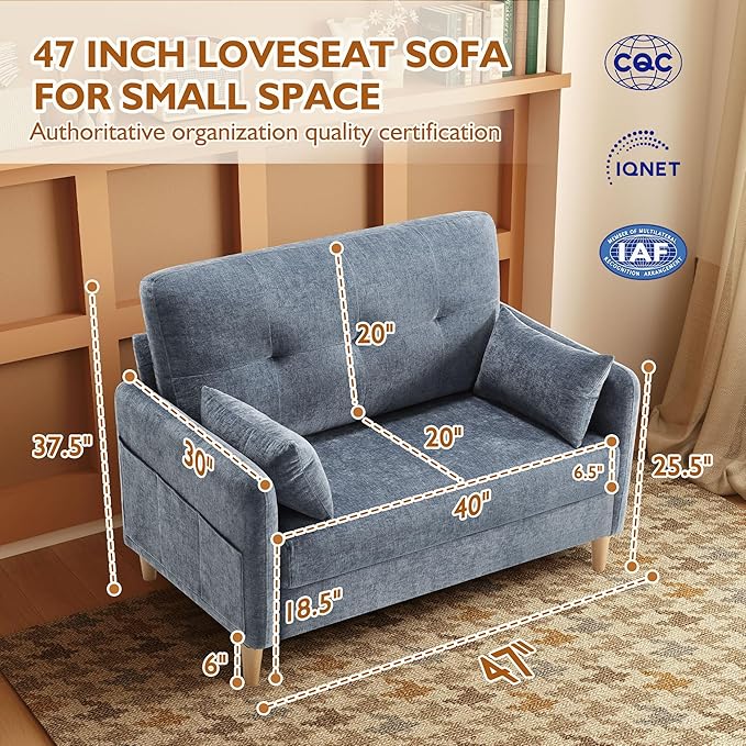 47" Small Sofa Couch for Bedroom, Soft Chenille loveseat Mini Couch with Throw Pillow and Removable Cushion Cover for Small Spaces, Living Room, Apartment, Dorm, Office(Blue Grey)