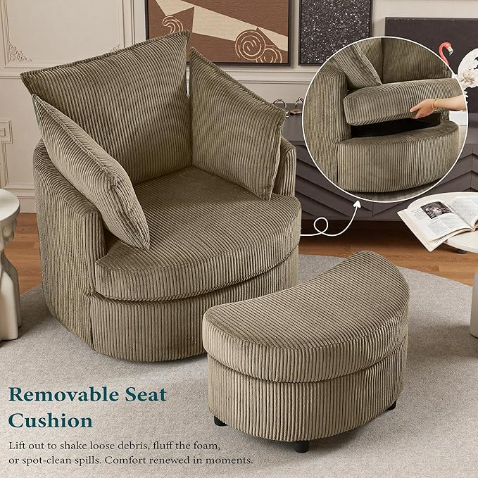 Chorlenimi Swivel Accent Chair Round Barrel Armchair Upholstered Living Room Chair Corduroy Reading Chair Single Sofa Chair for Bedroom Apartment Office (Brown, Upgrade 1Seater+ Ottoman)