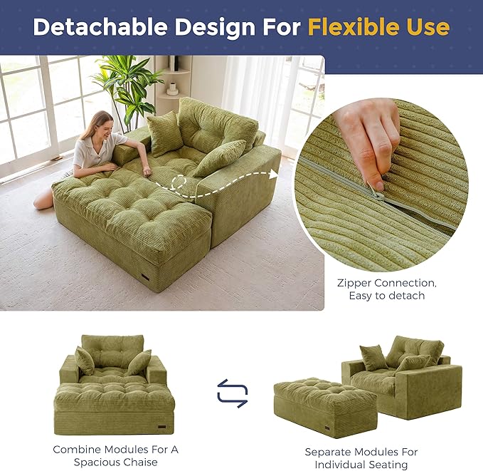 MAXYOYO Modular Sectional Chaise Lounge Sofa, Upholstered Lounge Chair with Ottoman, Comfy Couch with Layered Cushion, Tufted Upholstered Sleeper Chair for Living Room, No Assembly, Green