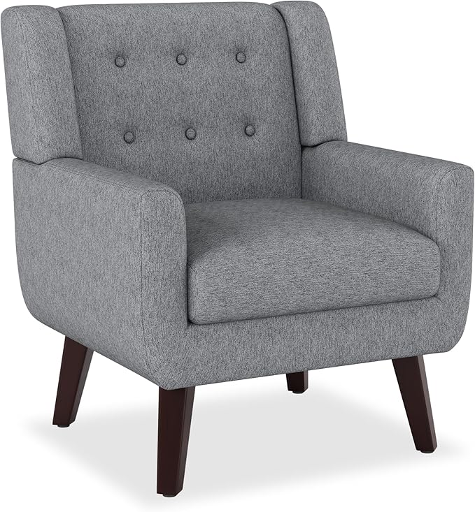 Accent Chairs, Mid-Century Modern Upholstered Living Room Armchair, Comfy Oversized Linen Fabric Single Reading Arm Chair with Tufted Back and Wood Legs for Bedroom, Club (1, Grey)