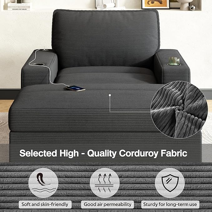 Merax 42.8" Oversized Chaise Lounge Chair with Storage Ottoman,Corduroy Sofa Bed with Cup Holders,USB Charging Port,Upholstered Sleeper Chair,Deep - Seat Reading Couch for Living Room,Bedroom,Grey