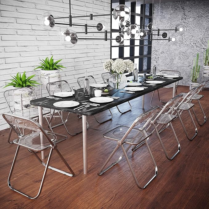 LeisureMod Lawrence Modern Clear Acrylic Folding Chair with Metal Frame, Space-Saving Transparent Seating for Dining Room, Home Office, Bedroom, Vanity or Small Spaces, (Clear, Set of 4)