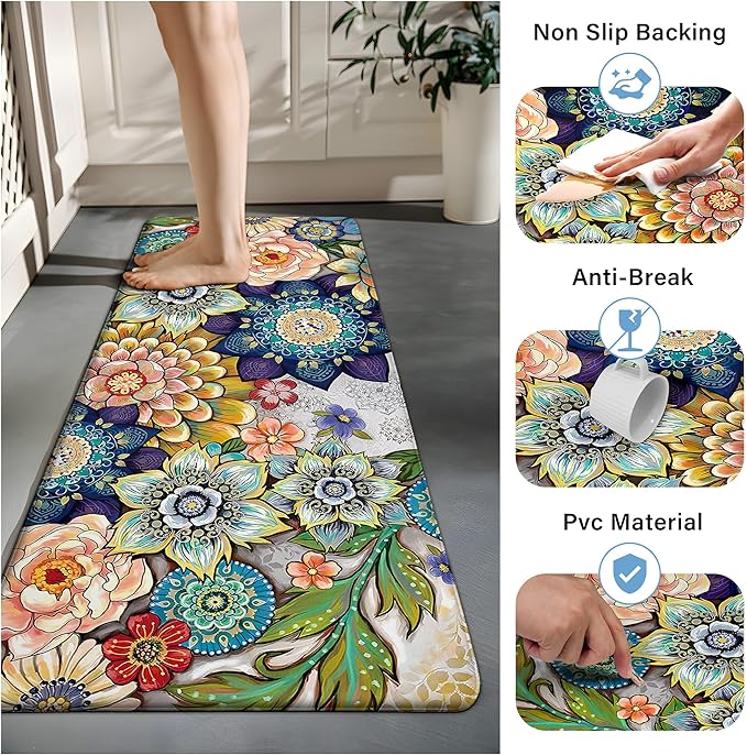 Floral Kitchen Rug Mat for Floor Boho Cushioned Anti-Fatigue Mat Memory Foam Standing Desk Padded Comfort Floor Mat for Sink, Office, Laundry, 17.3x28 Inch - 1/2 Inch Thick