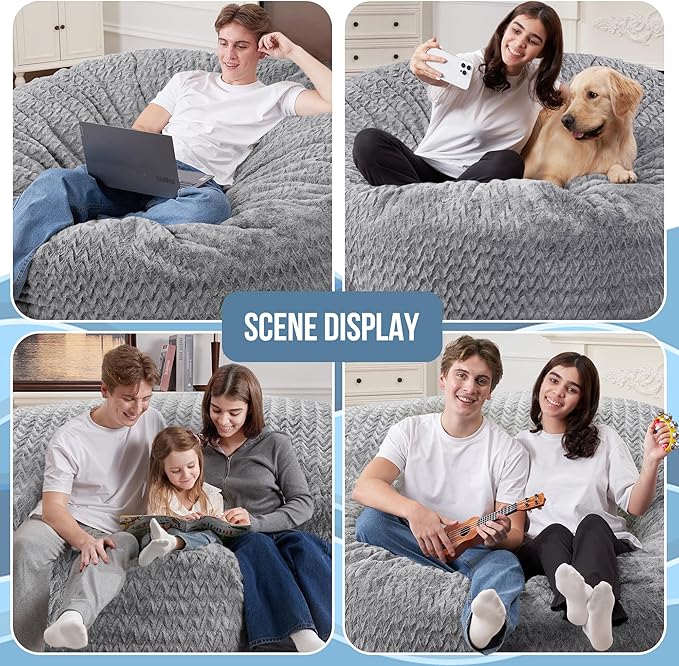 HABUTWAY 4FT Bean Bag Chair,Giant Bean Bag Chairs for Adults,Big Bean Bags with Memory Foam Filled, Large Beanbag Chairs with Chevron Plush Cover-Grey
