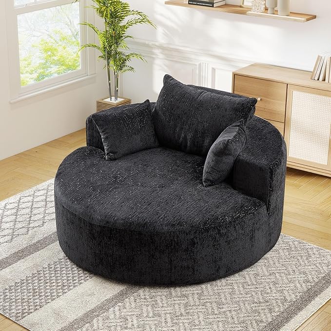 JEEOHEY Modern Round Accent Sofa Chair for Living Room, Upholstered Chenille Barrel Lounge Arm Chair with Large seat&Throw Pillows for Bedroom, Office, Apartment, Black