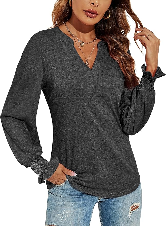 Romanstii Women's Casual V-Neck T-Shirts Loose Puff Long Sleeve Tops Tunic Blouses