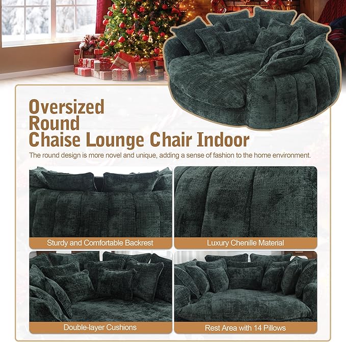 82'' Oversized Upholstered Sofa Bed, Round Chaise Lounge Chair Indoor, Modern Chenille Boneless Couch, No Assembly Required, Plush Sleeper Chair with 14 Pillows for Living Room, Emerald